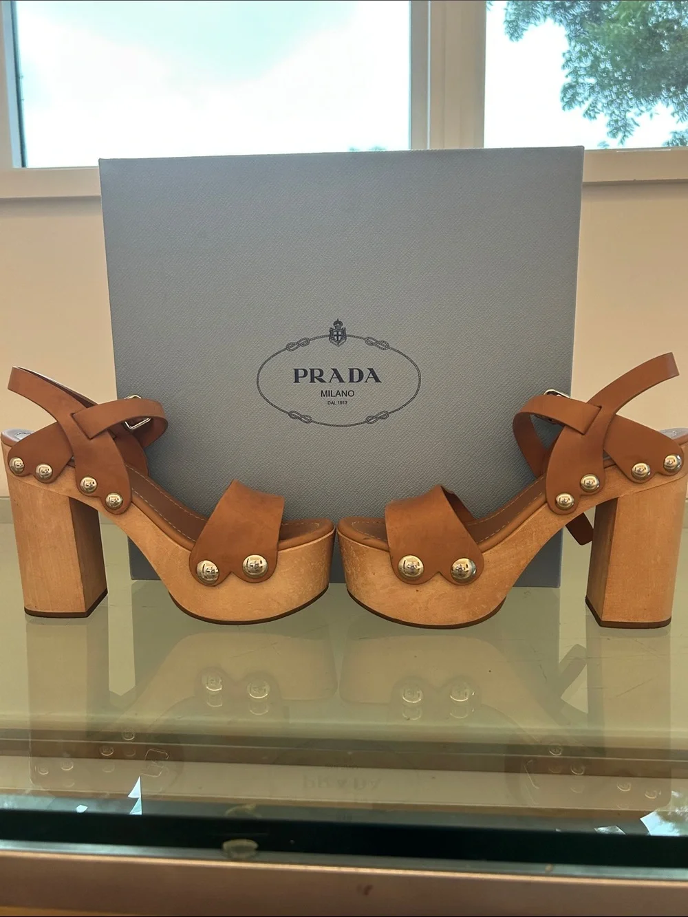 Prada Tan Leather Studded Platform Sandals